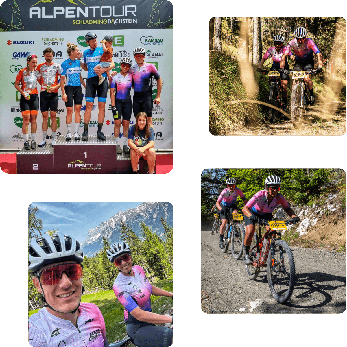 Collage of team riders in pink and purple jerseys: on the Alpentour Schladming-Dachstein podium, racing mountain bikes on forest trails, and a selfie in the Alps