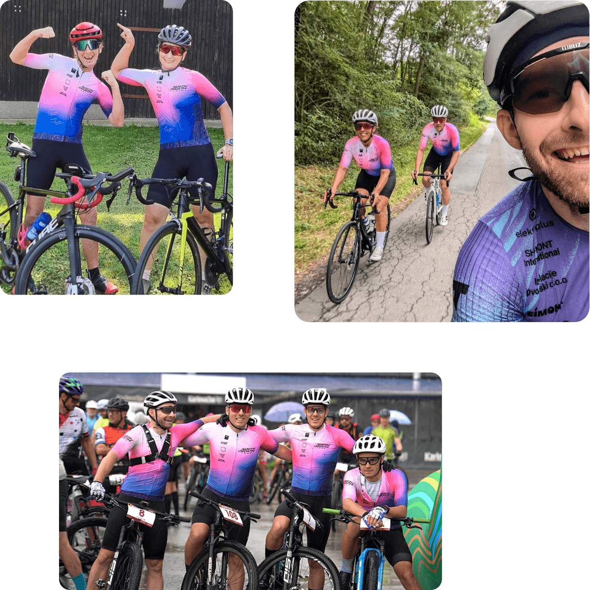 Collage of team riders in pink and purple jerseys: two riders posing with road bikes, a group ride on a country road, and four riders together at a mountain bike race start